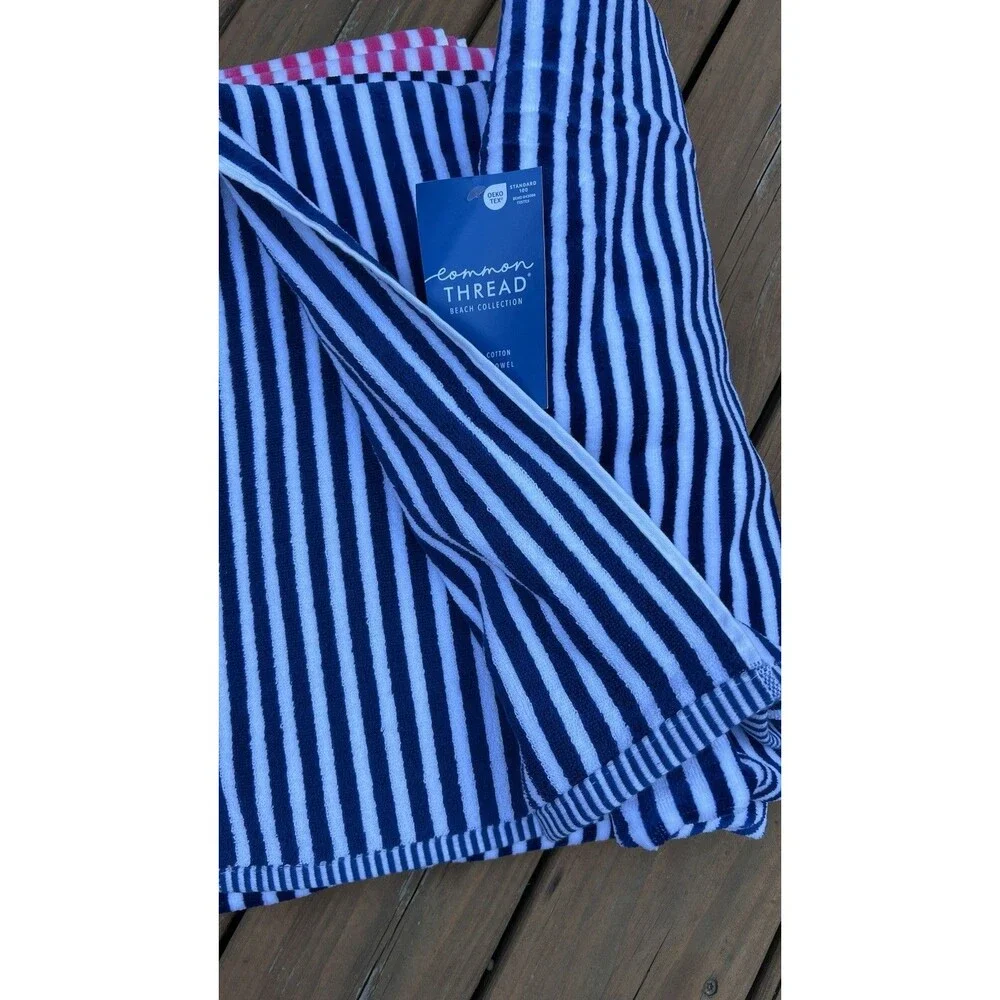 Common Thread Beach Towel Set Navy Blue & Pink White Stripes Soft Cotton New